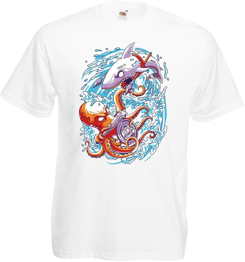 lepni.me Men's T-Shirt Battle in The Ocean - Octopus Vs Shark - to Rule The seas, Marine Outfits