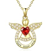 Lmoneta Guardian Angel Necklace for Women 14K Gold Religious Engraved Faith Hope Love Angel Wings Pendant Birthstone Jewelry Birthday Gifts for Wife Mom Grandma Girlfriend Her