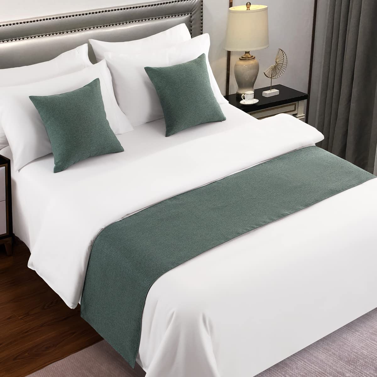 AMBERIS Bed Runner Blue-Green, Imitation Linen Decorative Bed Scarf for Home Hotel (Pillowcases sold separately)