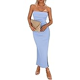 PRETTYGARDEN Women's Summer Bodycon Maxi Tube Dress Ribbed Strapless Side Slit Long Going Out Casual Elegant Party Dresses