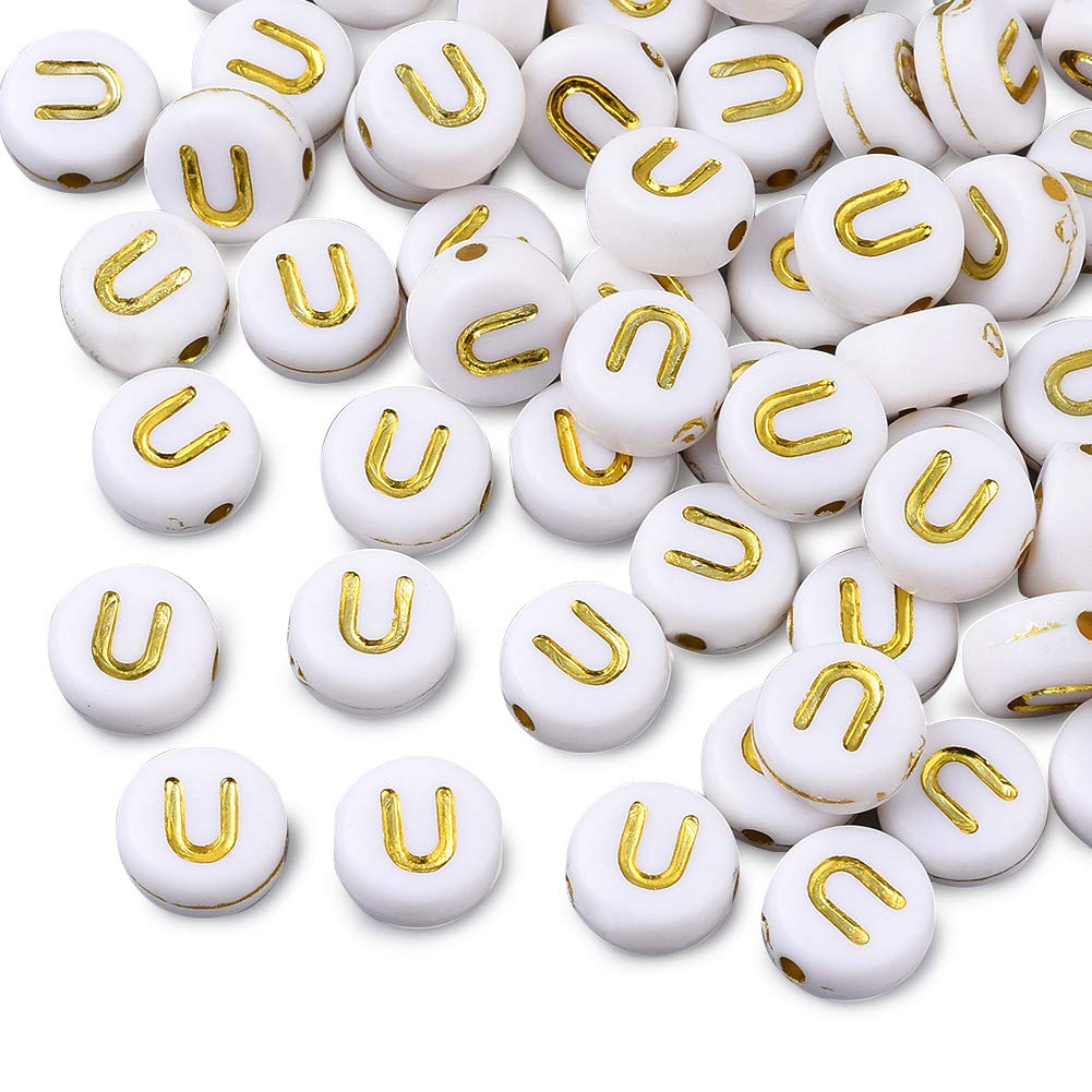 PandaHall 360pcs Flat Round Acrylic Alphabet Beads 7mm Golden Letter U Spacer Loose Beads for Jewelry Beading Making Art Craft Weaving DIY Bracelets