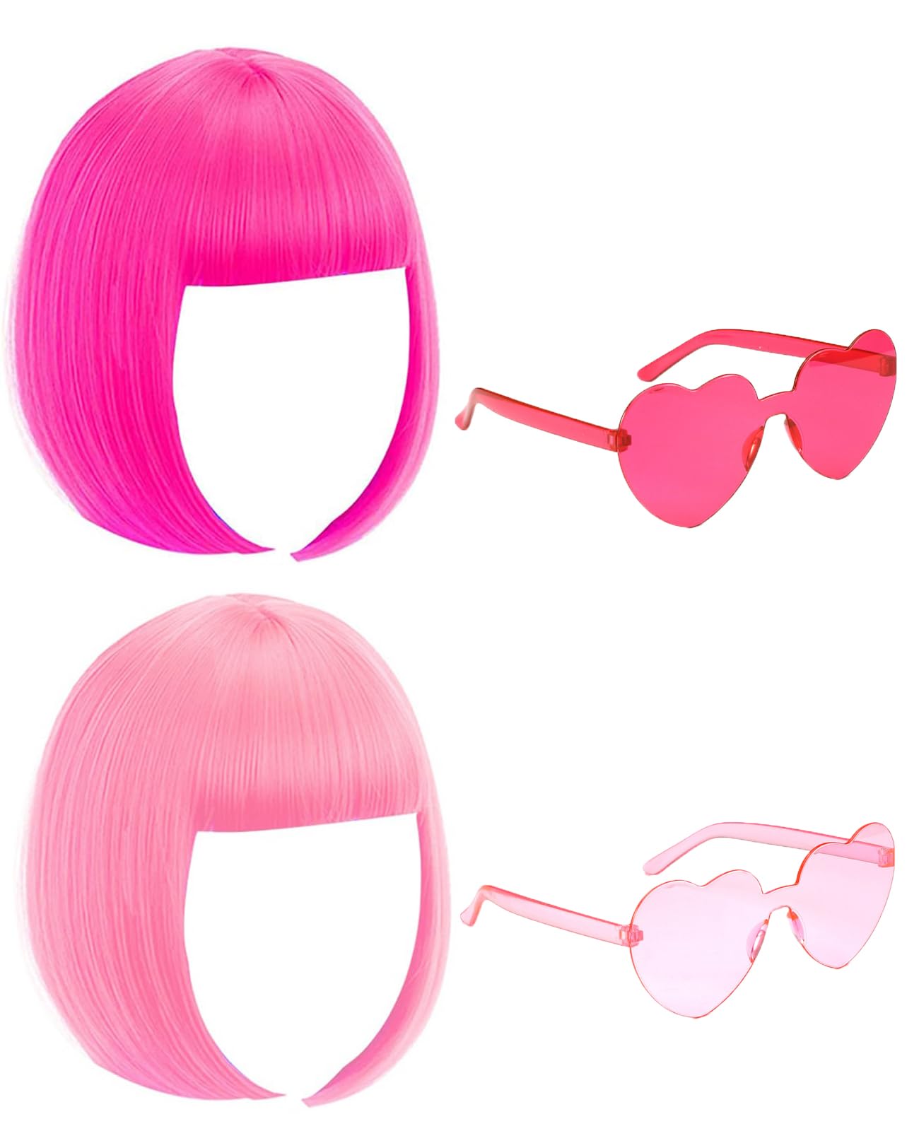 Party Wigs Wig Cap and Sunglass Set,Short Bob Hair Wigs Straight with Flat Bangs Synthetic Colorful Cosplay Daily Party Neon Wig for Women (Pink mix)