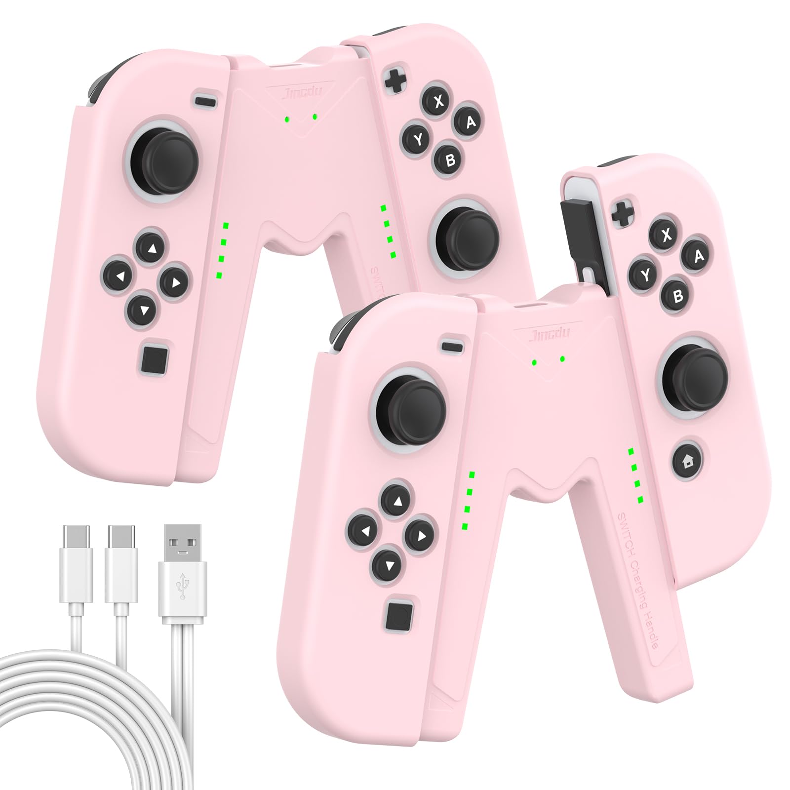 JINGDU Switch Joy-Con Charging Grip Compatible with Nintendo Switch Standard & OLED Model, Play While Charging, Portable V-Shaped JoyCon Controller Charger with Cable | 2PCS | Pink