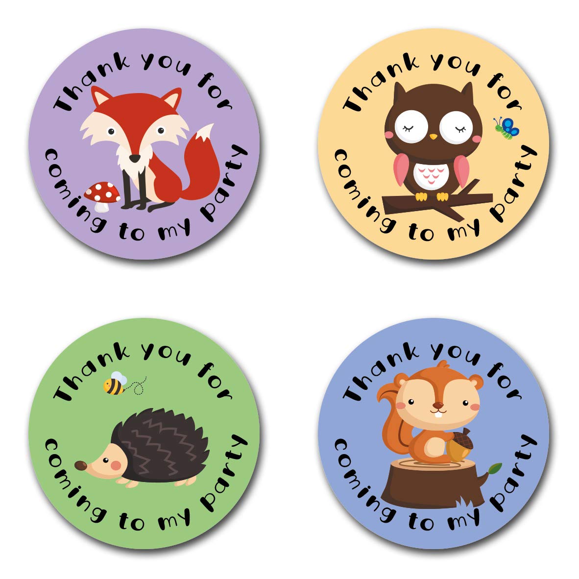 40mm Woodland Animals "Thank You For Coming To My Party" Round Stickers for Party Bags & Sweet Cones - Owls, Squirrel, Fox & Hedgehog (24 x Stickers)