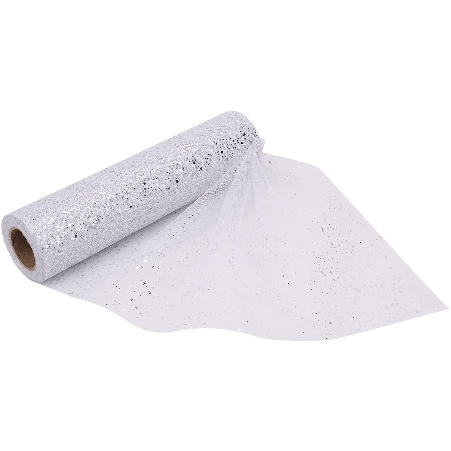 Trimming Shop 11 Inch x 27 Yards Tulle Fabric Roll Sparkle Sequin Glitter Mesh Fabric for DIY Tutu Skirt, Wedding Decoration, Xmas Tree, Gift Wrap, Christmas Wreath, Party Decoration, White — image 1