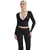 SUUKSESS Women Pilates Wrap Workout Cropped Top Ribbed Long Sleeve V Neck Tie Front Ballet Yoga Shrug Blouse