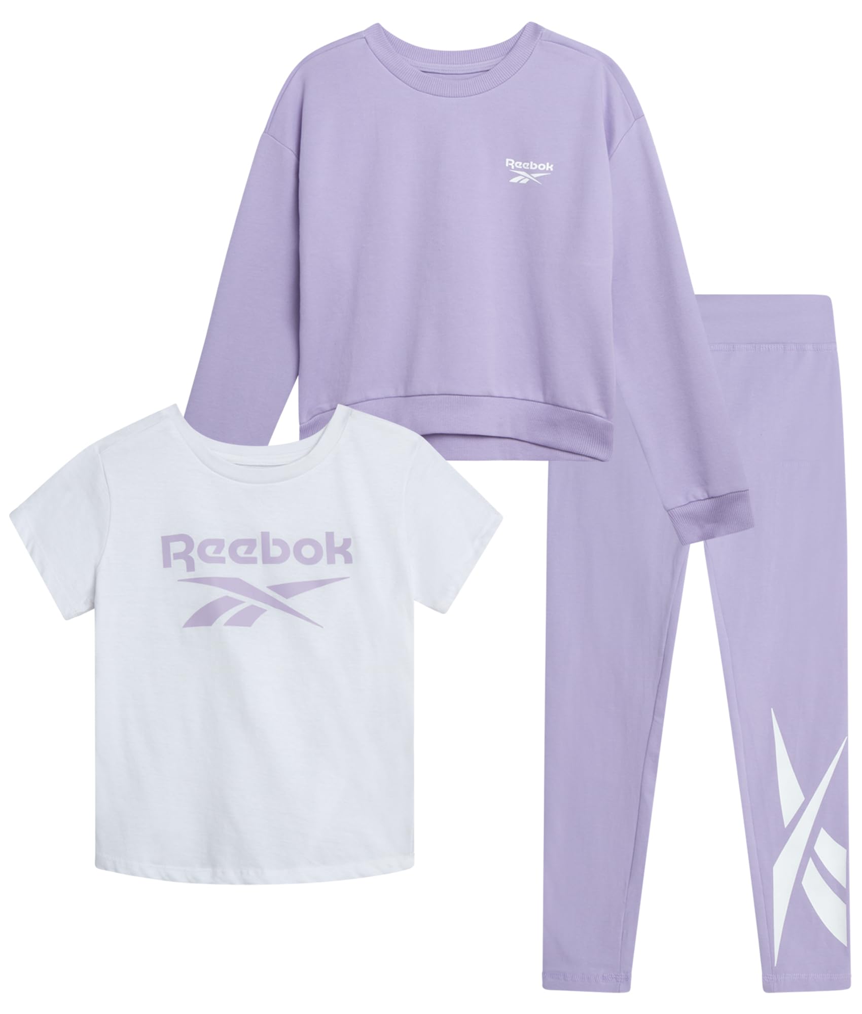 Photo 1 of Reebok Active Girls Leggings Set - 3 Piece Athletic Crew Neck Short Sleeve TShirts Sweatshirt and Legging Pants for Girls, Size 10, Lavender 2T