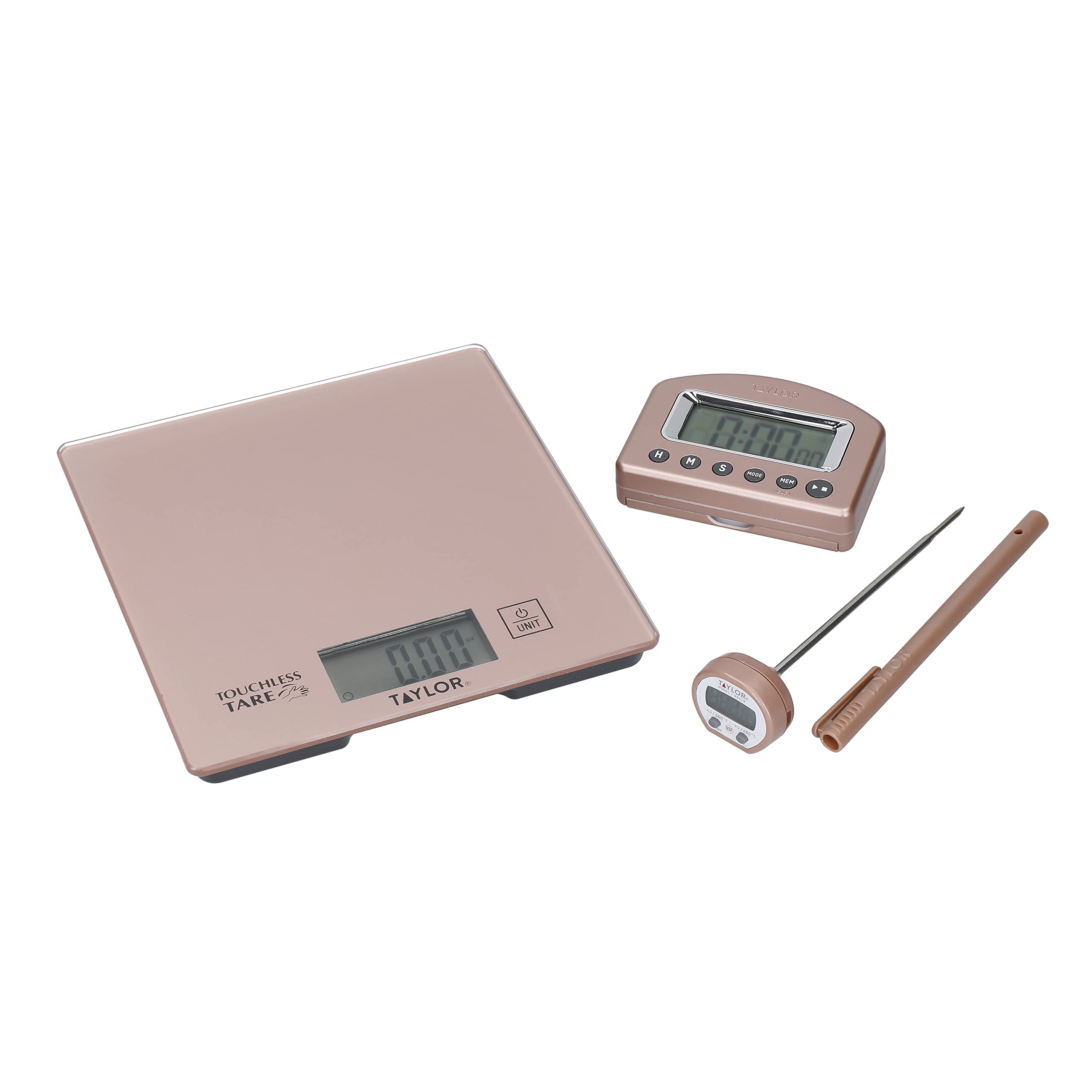 Taylor Pro 3-Piece Kitchen Measuring Set with Hygienic Digital Scales, Instant- Read Thermometer and Timer - Rose Gold