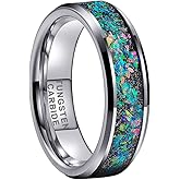 TUTISS 6mm 8mm Silver/Black Tungsten Rings for Men Women Couple Genuine Galaxy Opal Inlay Fashion Jewelry Engagement Wedding Bands Beveled Polished Shiny Comfort Fit
