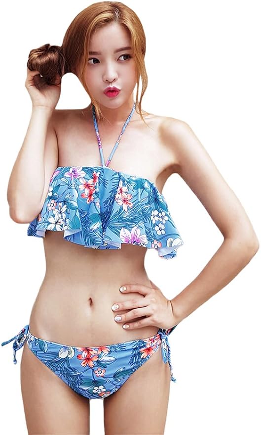 Amazon 在庫処分価格 ディーホリック Dholic ホルターネックフローラルラッフルビキニ 水着 レディース ビキニ バンドゥ バストアップ 花柄 水色 Bikini E One Size スカイブルー ビキニ セパレーツ 通販