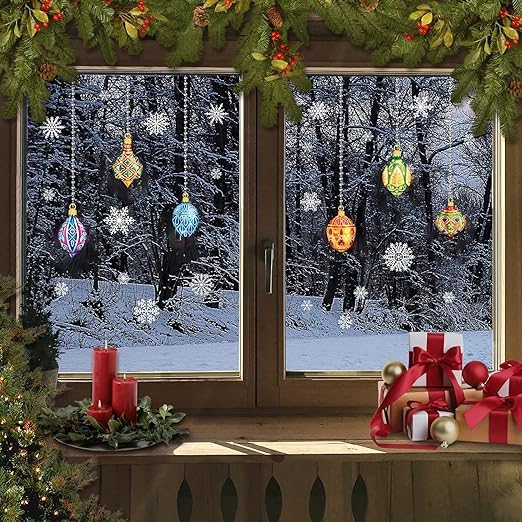 Victorian Christmas design glass Bauble Snowflake Window Stickers Cling