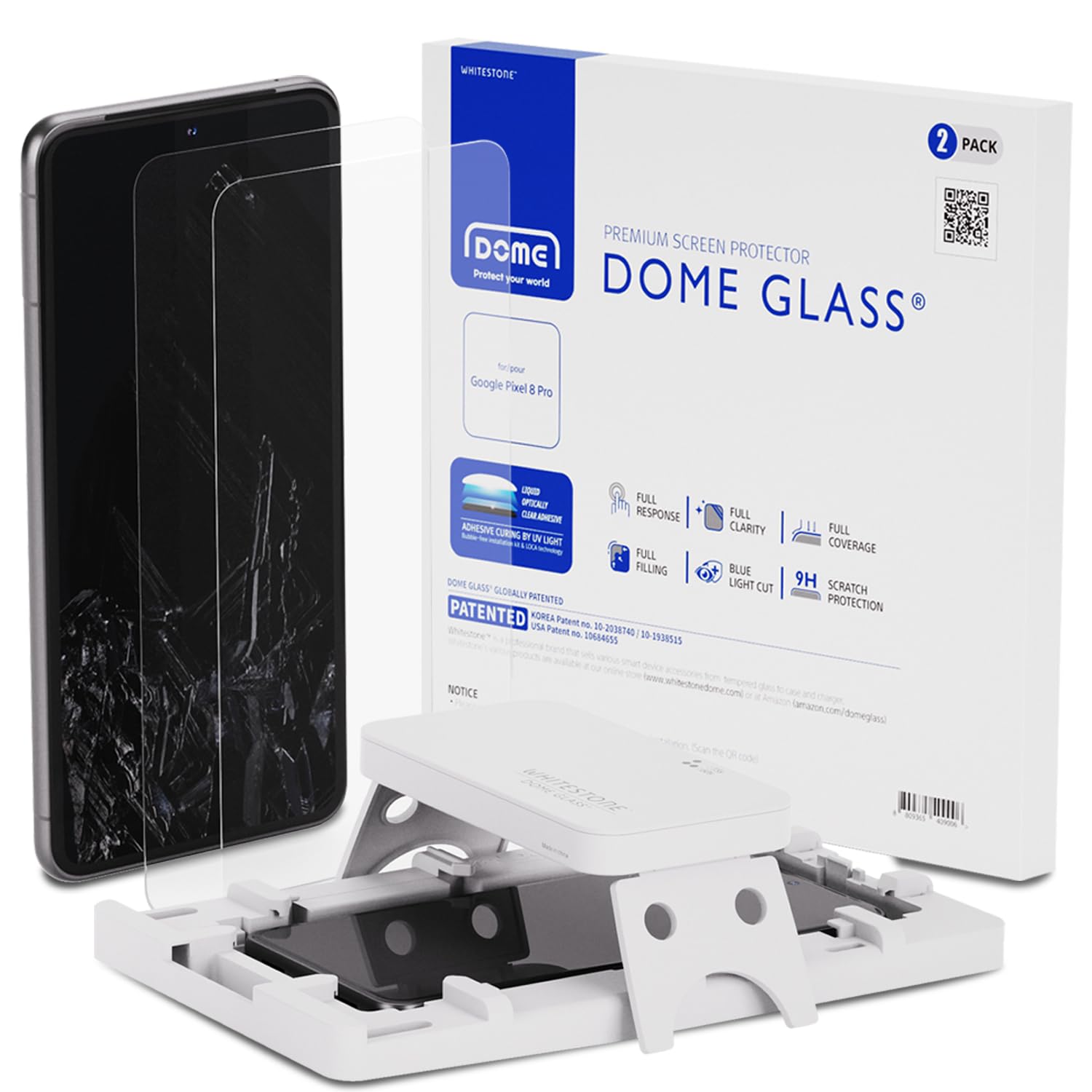 DOME GLASS [2 UV LAMP PACKAGE] Whitestone Screen Protector for Google Pixel 8 Pro (2023), Full Tempered Glass Shield with Liquid Dispersion Tech [Easy to Install Kit]