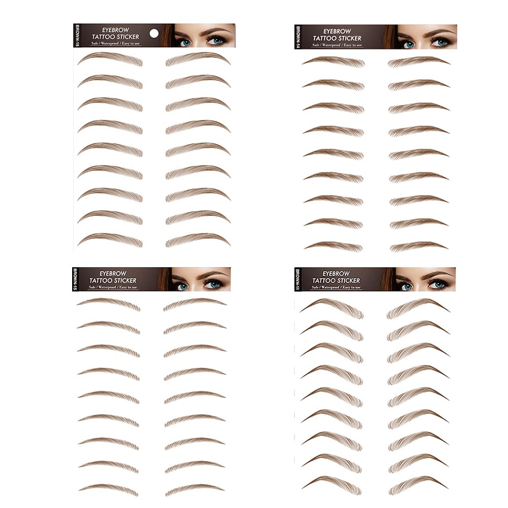 Yesallwas 4 Sheets 36 Pairs 4D Hair-like Brown Eyebrow Tattoo Sticker False Eyebrows Long Lasting Waterproof Makeup Eye Brow Stickers for Women Lady