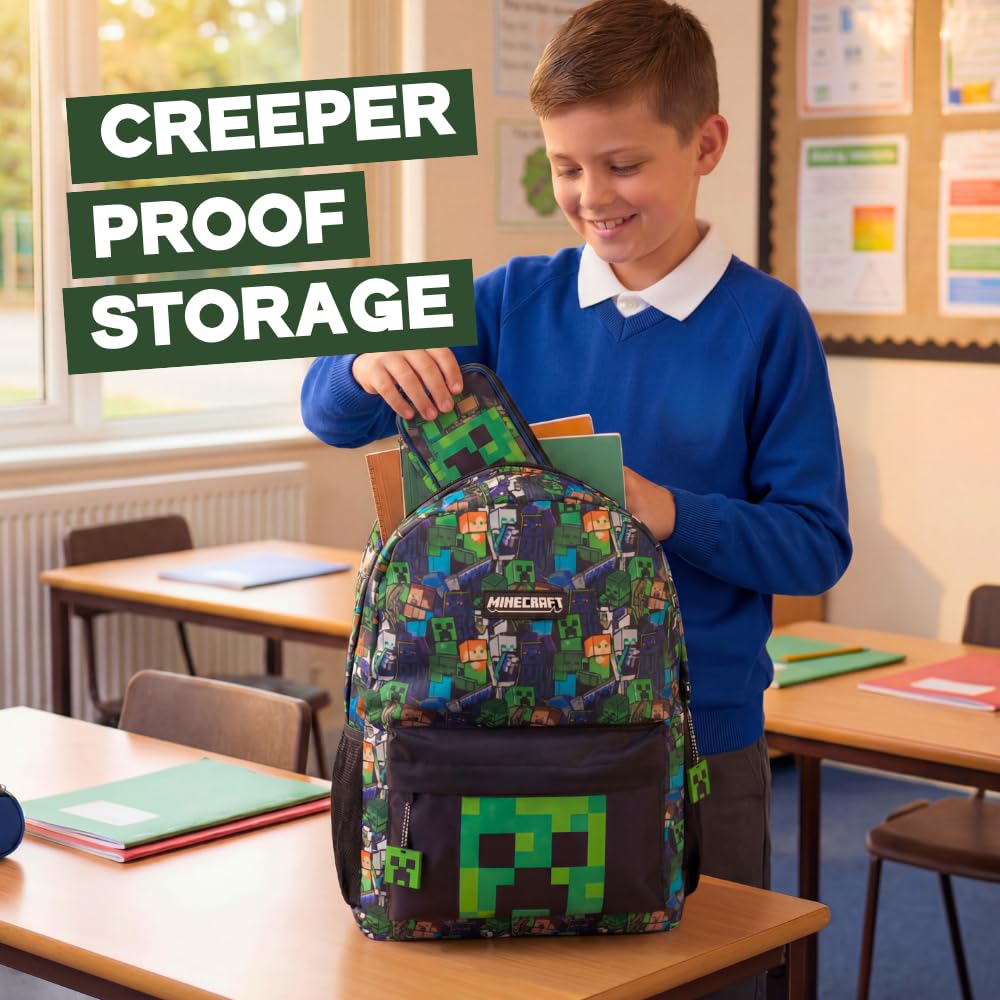 Condition photo showing New/Like New for minecraft steve & creeper multicolour backpack | graphic print zip-up bag for back to school | kids