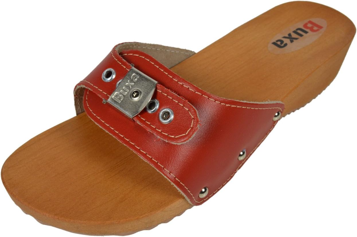 Ladies Natural Leather/Wooden Clog Sandals with Adjuster