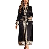 Daiwor Kout Silk Satin Robe for Women Long Kimono Robe Lightweight Floral Trim Bathrobe Luxury House Robes with Pockets