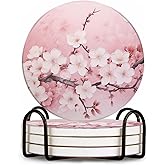 BaHomeck Drinking Coasters with Holder Round Water Absorbent Marble Ceramic Coasters Tabletop Protection(Cork Base),Blooming Pink Cherry Blossom Flowers,Suitable for Various Mugs,Home Decor，4 Inch