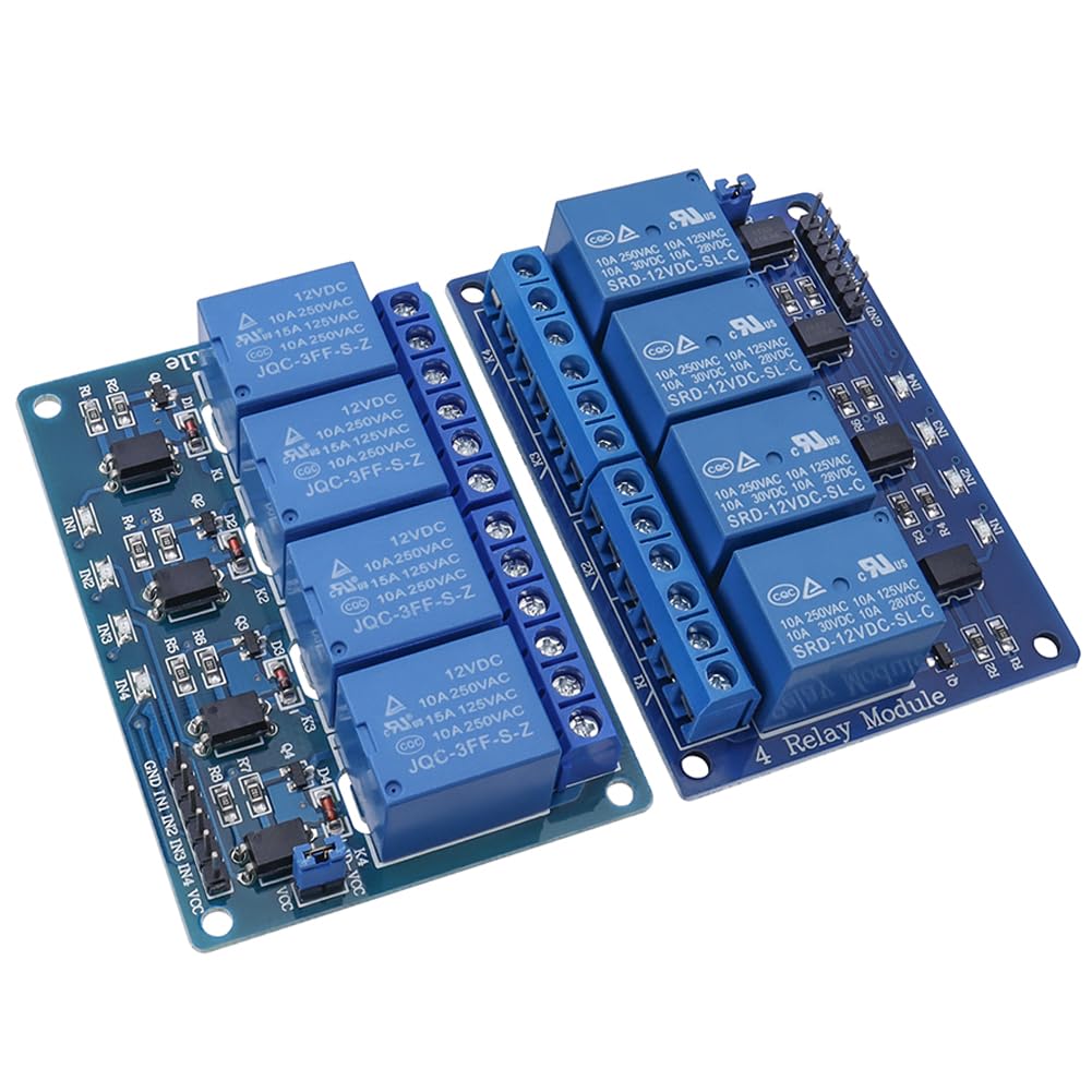 Bestgle 2 Pack 4-Channel Relay Module DC 12V with Optocoupler, Relay Board for Arduino UNO R3, MEGA R3, STM32, Raspberry Pi, DSP, ARM, PIC, AVR & Smart Home Projects