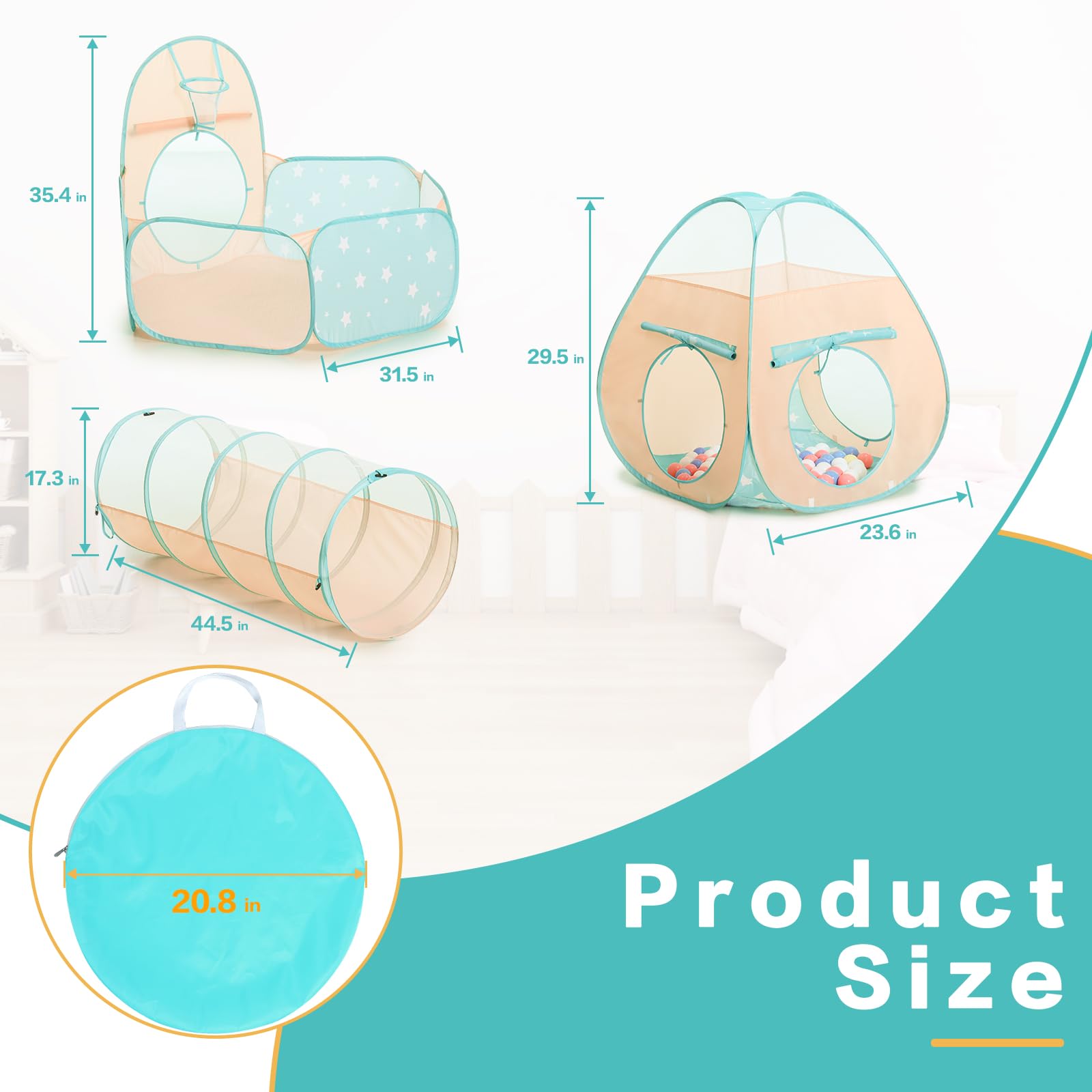 SISTICKER 3 in 1 Kids Play Tent with Baby Ball Pit and Play Tunnel, Toddler Climbing Toys for Boys, Girls, Babies, Indoor Outdoor Pop Up Playhouse Tunnel Toys (Balls NOT Included)