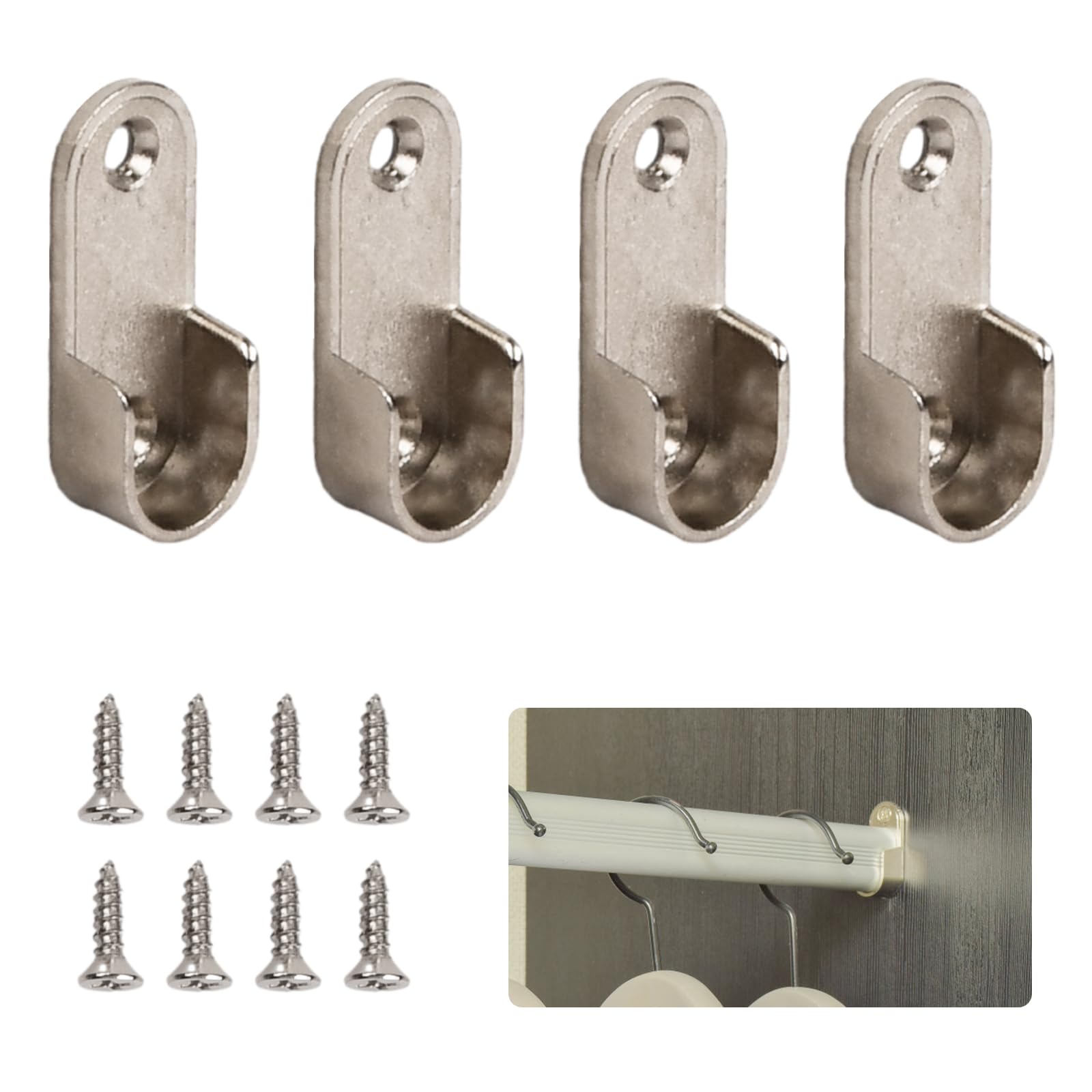 Wisebom 4PCS Wardrobe Rail End Supports, 2 Hole Flange Support Bracket Wardrobe Rail Holder Rod Socket with 8 Pieces Screws for 16mm/ 0.6 Inch Diameter Rod