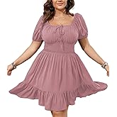 SCOMCHIC Womens Plus Size Mini Dress Square Neck Puff Short Sleeve Casual Summer A Line Boho Cute Spring Short Dresses