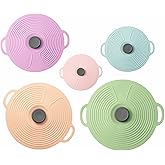 MIWOGA 5 Pack Silicone Lids for Bowl, Microwave Splatter Cover, 5 Sizes Reusable Heat Resistant Suction Lids Fits, Bowls, Plates, Pots, Pans, Skillets, Stove Top, Cups, Oven, Fridge Dishwasher Safe