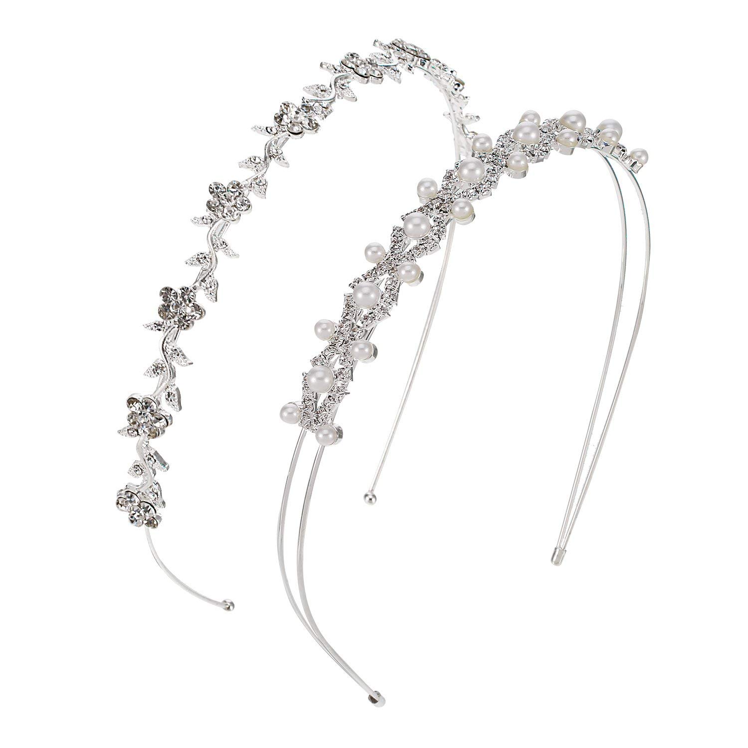 2 Pieces Wedding Party Women's Faux Pearl Rhinestones Headband Flower and Leaves Crown Hair Band for Bride Bridesmaids