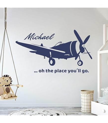 Custom Name & Airplane Wall Decal For Nursery - Baby Boy Room Decor, Personalized Wall Sticker, 60x23 Inches (Wide)