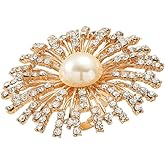 Dtja Large CZ Blossom Statement Wedding Ring for Women Vintage Crystal Flower Shell Pearl Adjustable Open Band Wrap Finger Rings Comfort Fit Exaggerated Birthday Cocktail Party Jewelry