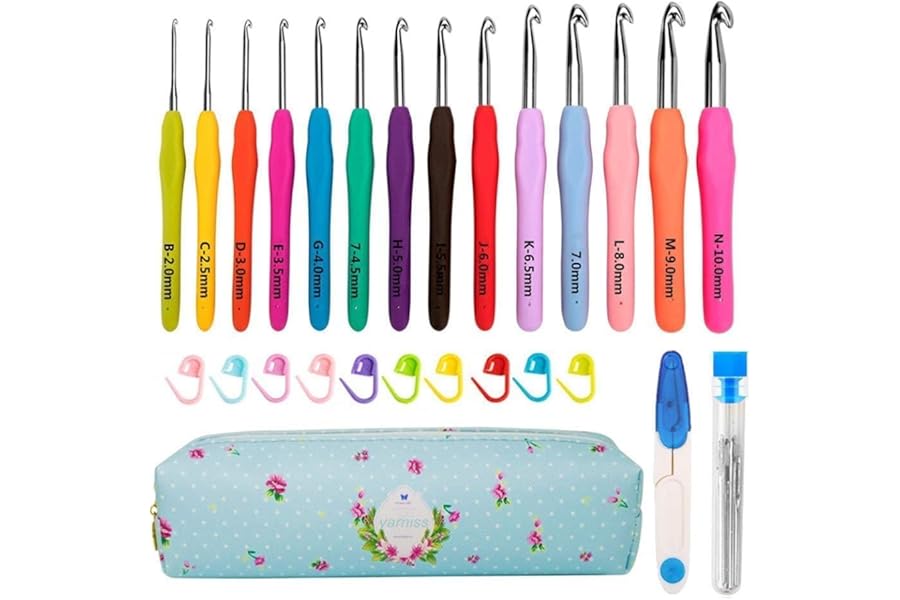 Yarniss Crochet Hooks,14 Size Crochet Set 2mm(B)-10mm(N), Ergonomic Crochet Hooks Set with Case for Beginner,Long Crochet Needles