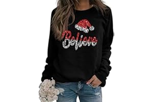 ALAPUSA Women's Christmas Shirt – Dazzling Rhinestone Believe Print Long Sleeve Shirt
