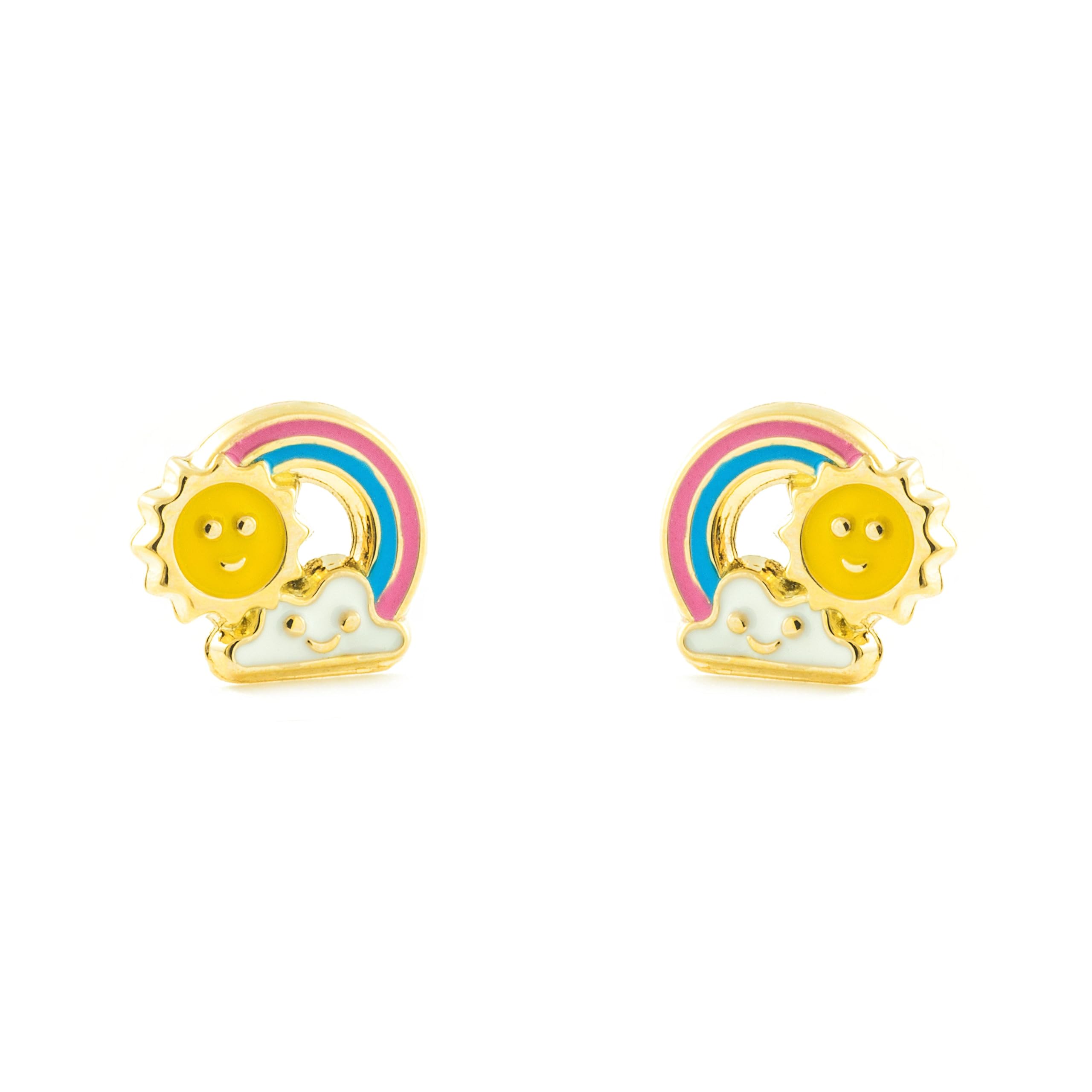 Mondepetit - 9ct Yellow Gold Multicolored enamel Rainbow Children's Girls Earrings shine