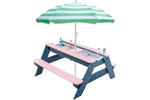 K LUCKIDS Kids 3-in-1 Sand & Water Activity Table, Wood Outdoor Convertible Picnic Table, 2 Play Boxes, Removable Top with Faucet, Picnic Table for Outdoor Backyard Patio Play (Pink/Green)
