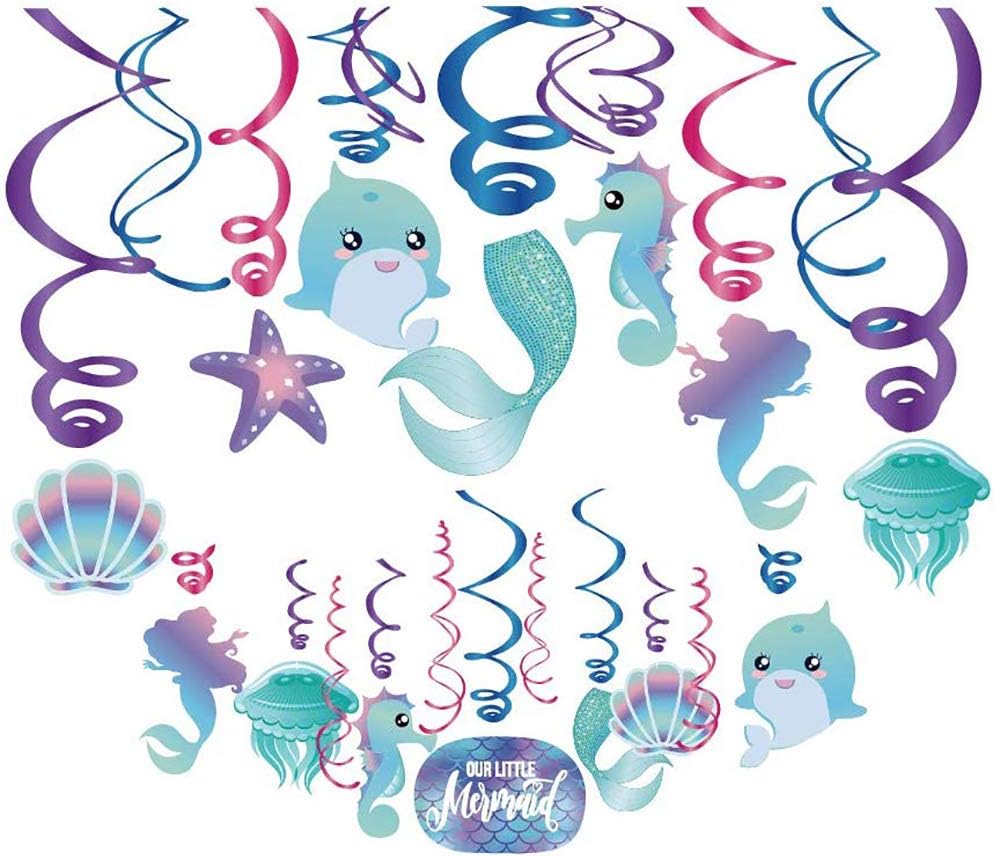 Mermaid Hanging Swirl Decorations for Under The Sea Party Decorations Birthday Baby Shower Party Supplies-Mermaid Tail Starfish Jellyfish Shell Seahorse Glitter Mermaid Dolphin (30Ct)