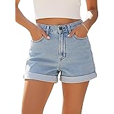 Magritta Denim Shorts for Women Mid Waisted Folded Hem Ripped Jean Shorts