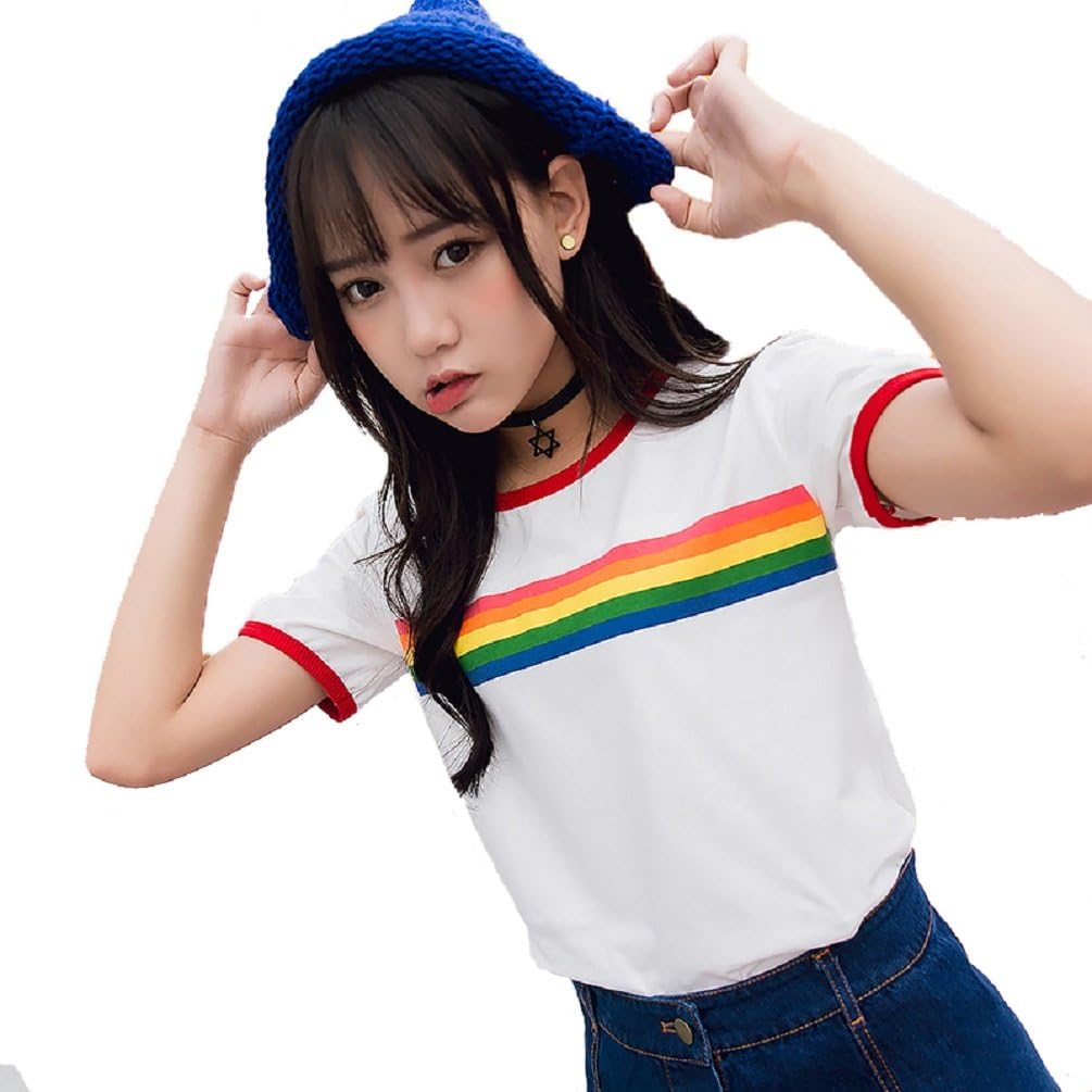 Focal18 Rainbow Print T-shirt Tee Crop Top Short Sleeve Tops O Neck Womens Stripe