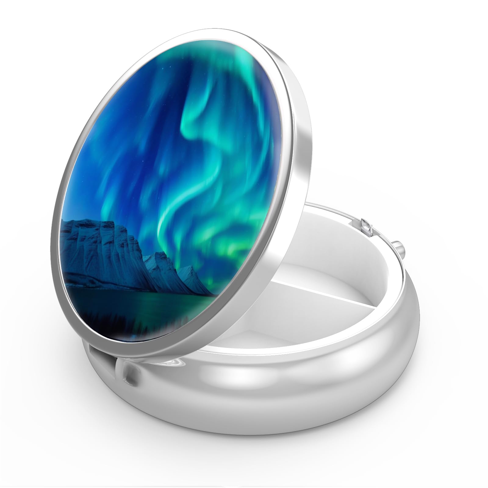 Pill Box 3 Compartment Medicine Pill Case,Portable for Pocket or Purse Pill Box Decorative Metal Medicine Vitamin Organizer Unique Gift(Northern Light)…