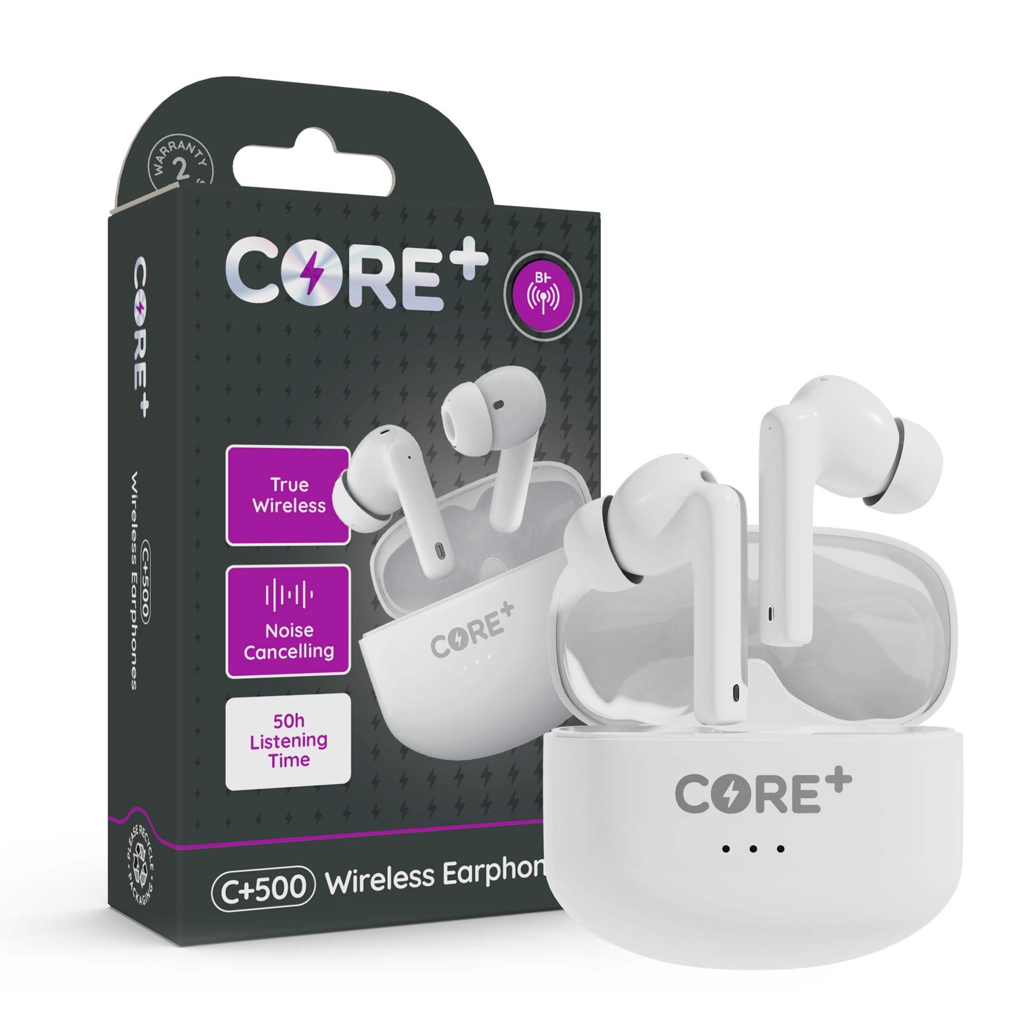 CORE+ | C+500 Wireless Ergonomic Headphones 50 Hour Listening Time | Snug Fit Earbuds | Noise Cancelling | Bluetooth Connect | Touch Controls
