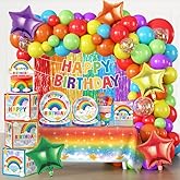 Cocomigo 245 Pcs Rainbow Birthday Decorations, All-in-one Rainbow Party Decorations with Plates, Banner, Balloon Arch, Fringe Curtain for Rainbow Birthday Party Decorations, 20 Guests