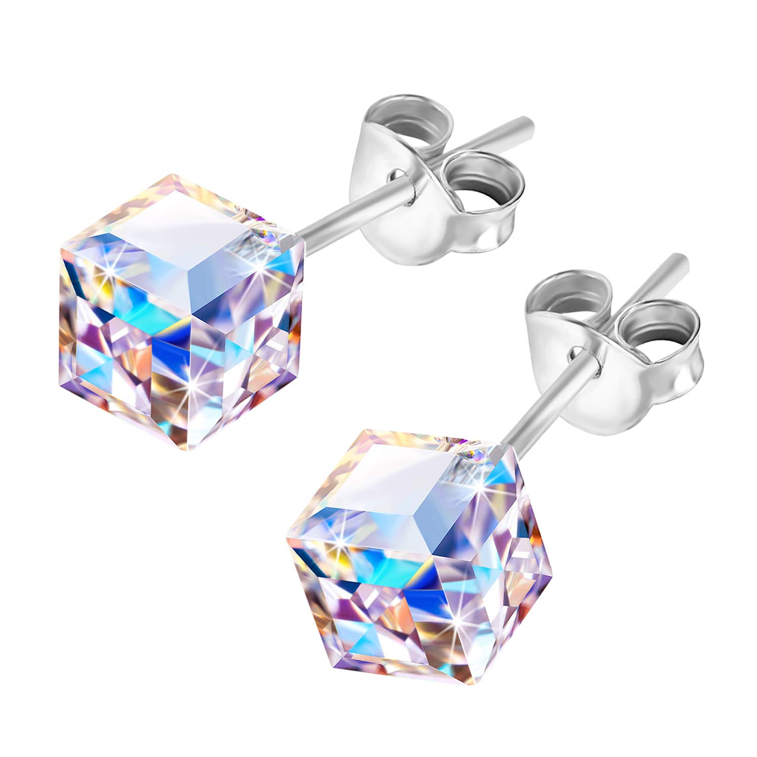 AMOR SPES Iridescent Color Change Crystal Square S925 Sterling Silver Stud Earrings Women Girl Gifts (Iridescent)
