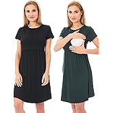 Bearsland Women's Short Sleeves Maternity Dress Nursing Breastfeeding Dresses with Pockets