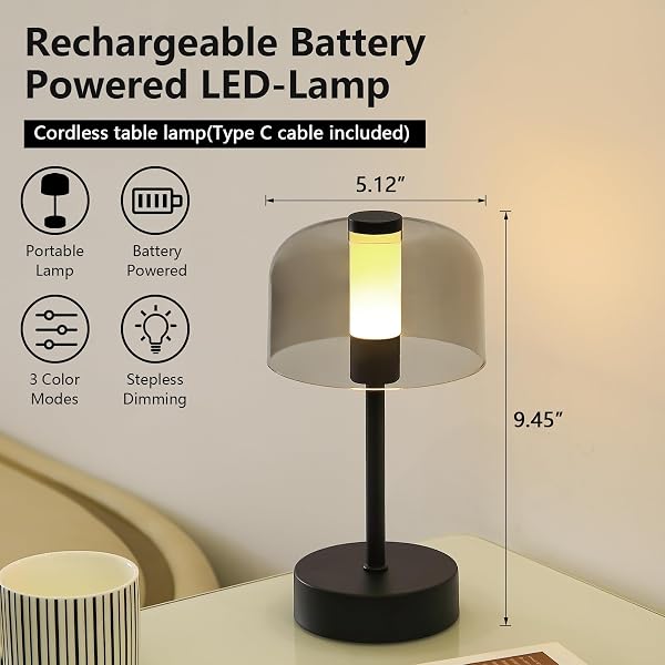 AIHYING BLACK RECHARGEABLE CORDLESS TABLE LAMP,PORTABLE MODERN LED NIGHT LIGHT,BATTERY OPERATED LAMP,3 COLOR STEPLESS DIMMING UP,FOR RESTAURANT/BEDROOM/BARS/OUTDOOR PARTY/CAMPING/COFFEE SHOP