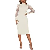 Women's Ribbed Bodycon Midi Dress Lace Long Sleeve Slim Fit Turtle Neck Sexy Party Clubwear