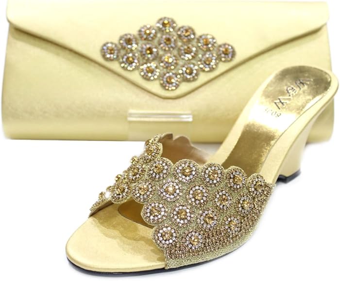 gold satin shoes and bag
