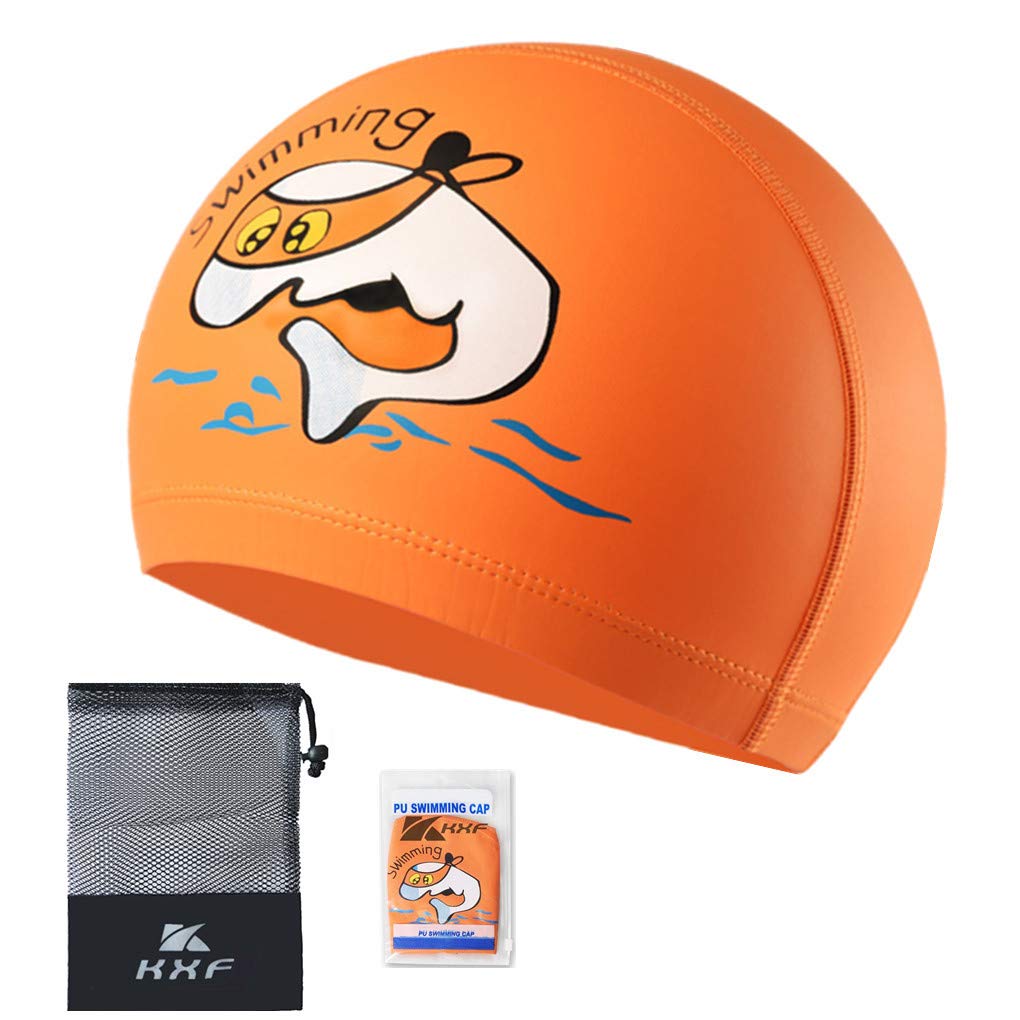 Kids Swimming Cap, KXF Swimming Hats Waterproof PU Bathing Cap Care Ear Protection Elastic Swim hat with Coating Cartoon Pattern for Children Kids Boys Girls Age 6-10