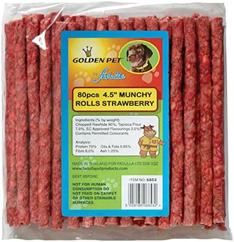 Pack of 80 x 4.5'' Munchy Rawhide Rolls Strawberry, Banana or Chocolate Flavour (80 x Strawberry)