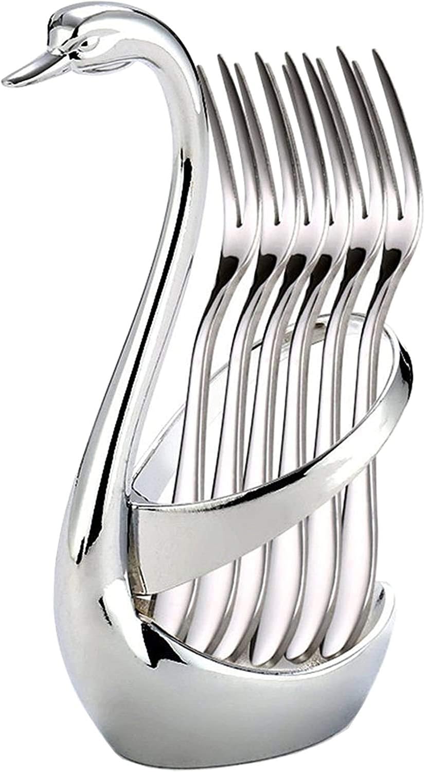 Umiskam Stainless Steel Swan Base Crockery Set, Cygnus Storage Rack with 6 Forks, Fruit Fork Set & Dessert Cutlery Set, for Cake Salad Cocktail Dessert Marshmallow Forks