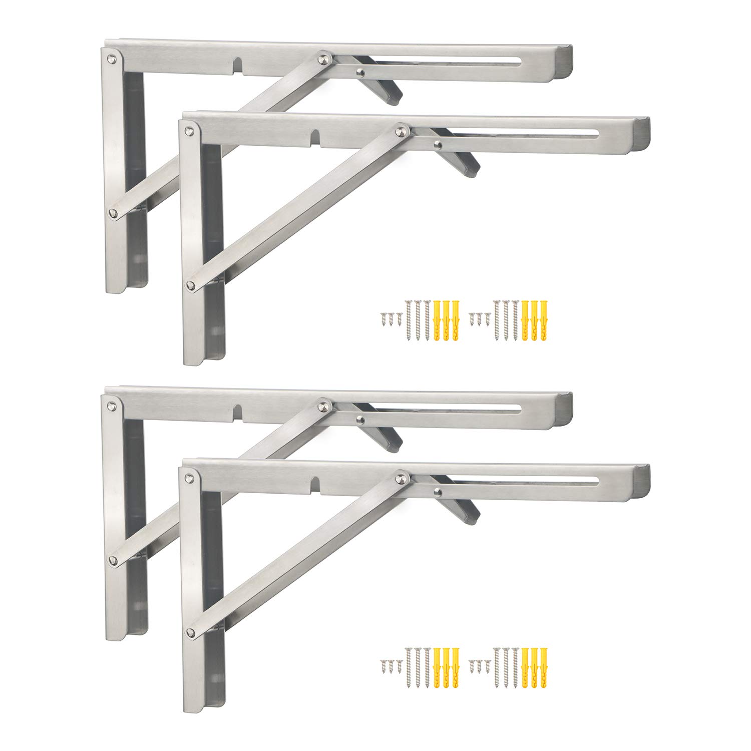 Pxyelec Heavy Duty Folding Shelf Brackets, 14 Inch Stainless Steel Wall Mount Brackets 4-Pack, Collapsible Adjustable Triangle Hinges for Space-Saving Foldable Shelves, Workbench,Kitchen Cabinet