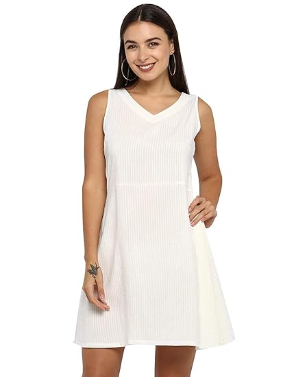 Line Sleeveless Cotton Dress (White 