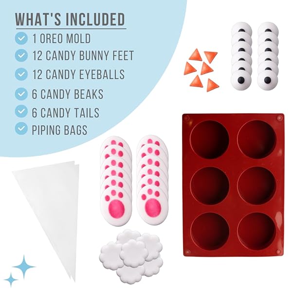 SWEETS INDEED EASTER SILICONE OREO MOLD WITH CANDY SPRINKLES AND SHAPES BUNNY TAILS EYES BEAKS DECORATES 12 COOKIES PERFECT FOR BAKING AND COOKIE DECOARTING 1.03 OUNCES (EASTER)